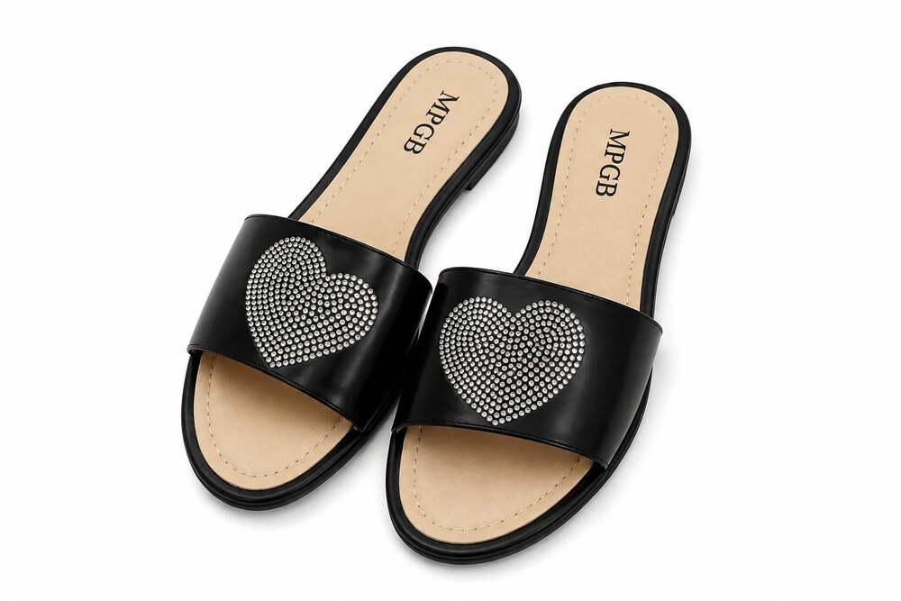 MPGB Black Slide Sandal with Rhinestone Heart